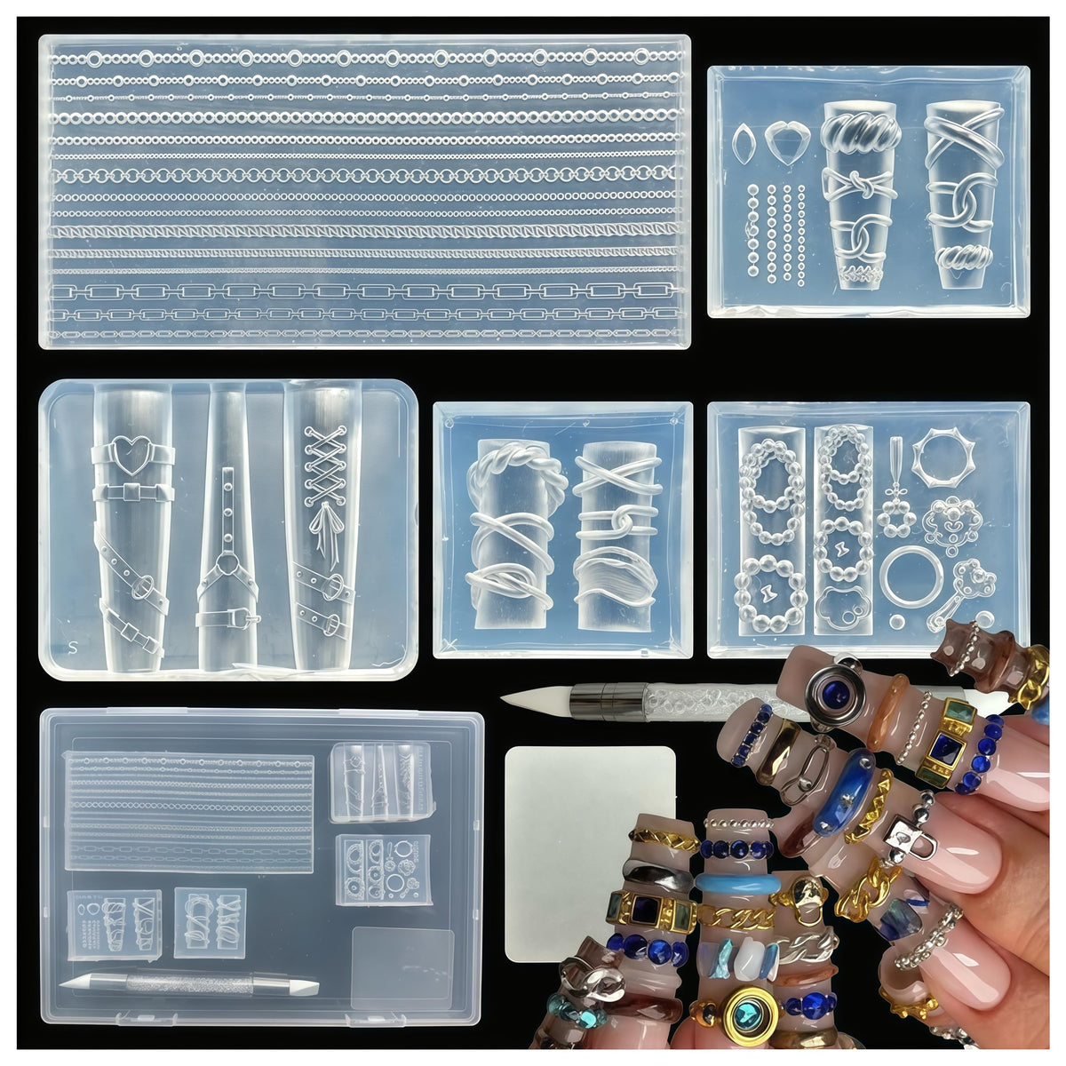 BHCCXZ silicone mold set front view showing five designs and ease of use
