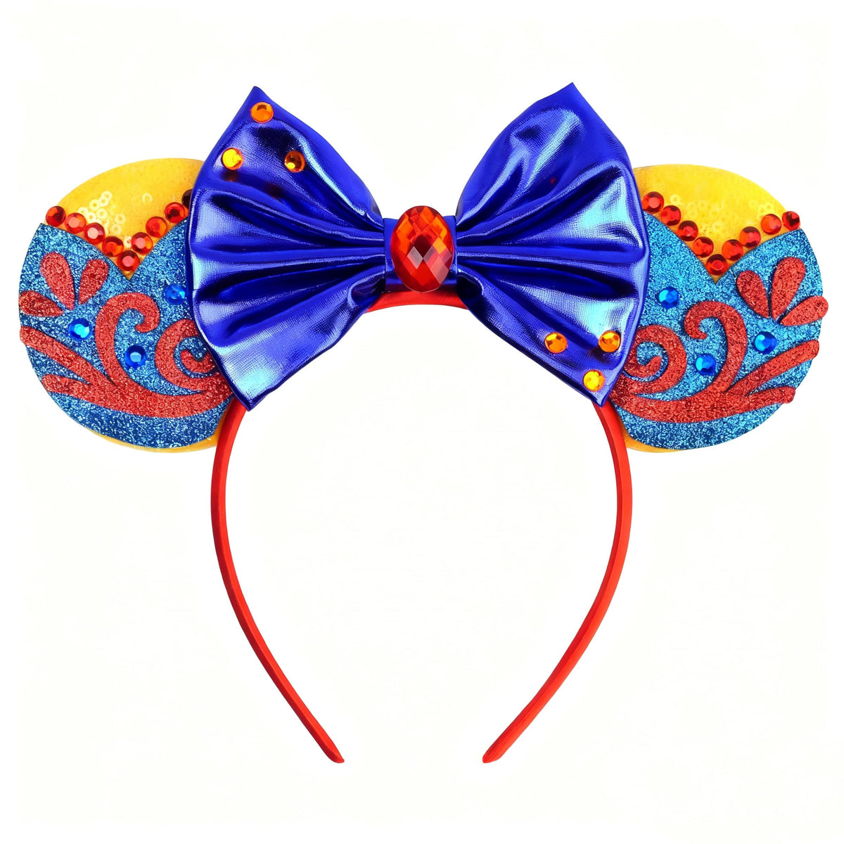 bianbaistar front view showing metallic blue bow and red gem, adds storybook charm