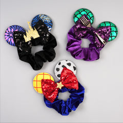 bianbaistar royal blue scrunchie close-up highlighting geometric ears and red bow for contrast