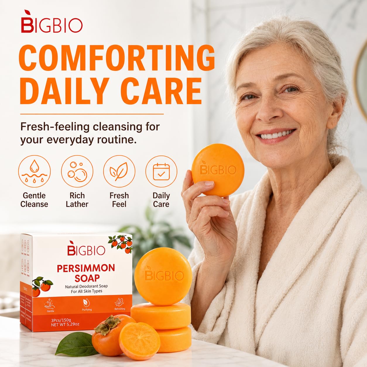 BIGBIO soap cut section displaying persimmon extract and coconut oil benefits