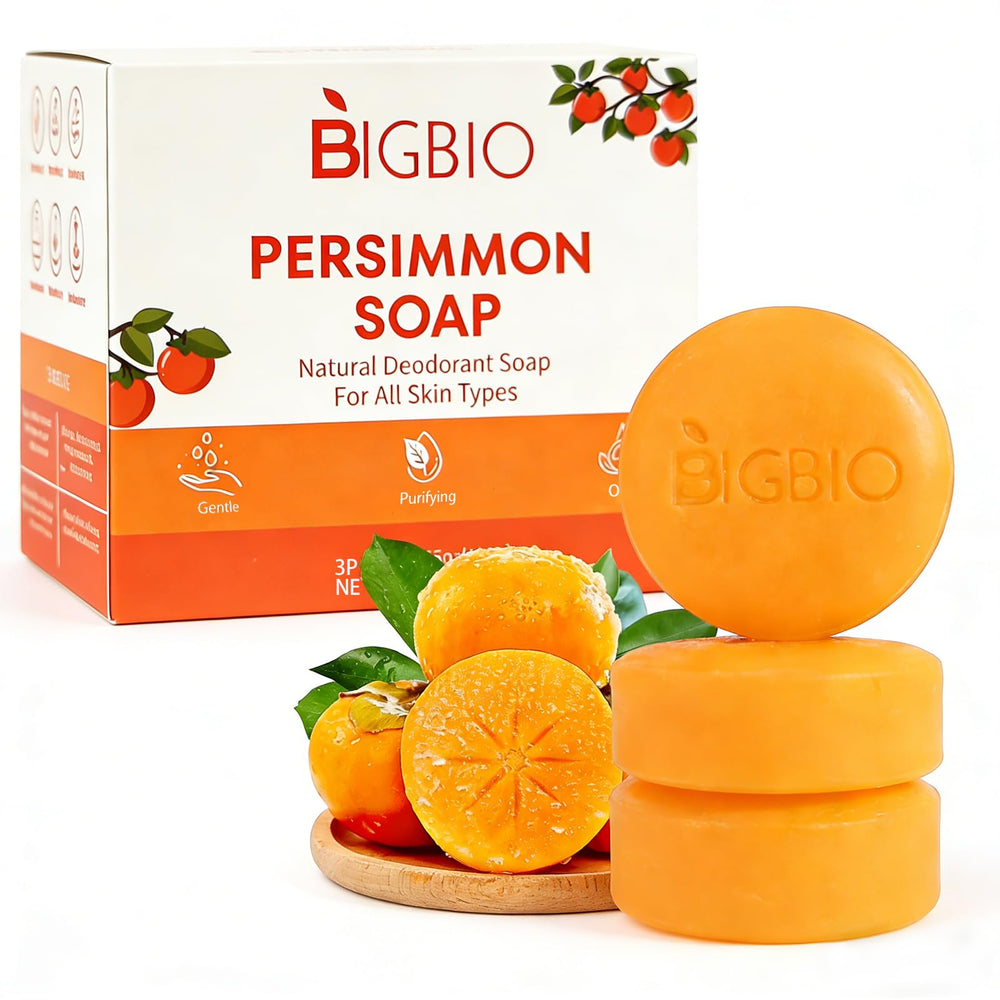 BIGBIO front packaging showing three persimmon soap bars and clear labeling benefit