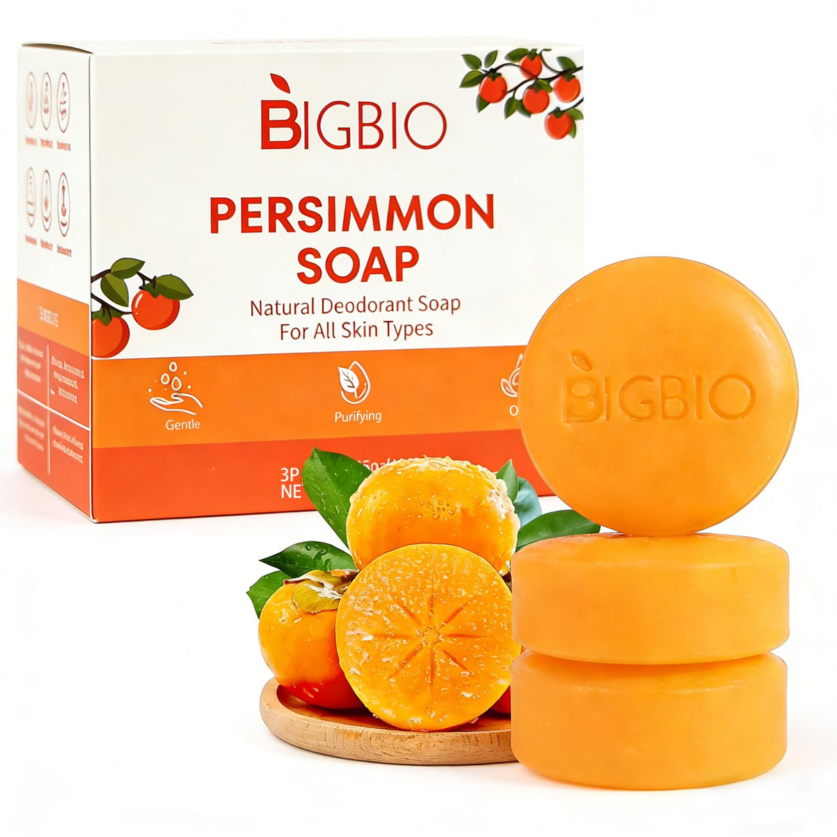 BIGBIO front packaging showing three persimmon soap bars and clear labeling benefit