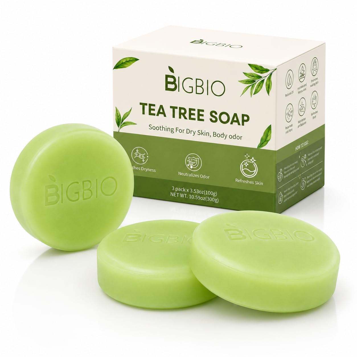 BIGBIO soap front packaging showing three bars and benefits