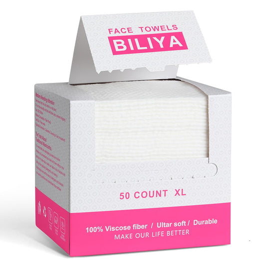 BILIYA front packaging showing 50-count biodegradable viscose towels and benefits