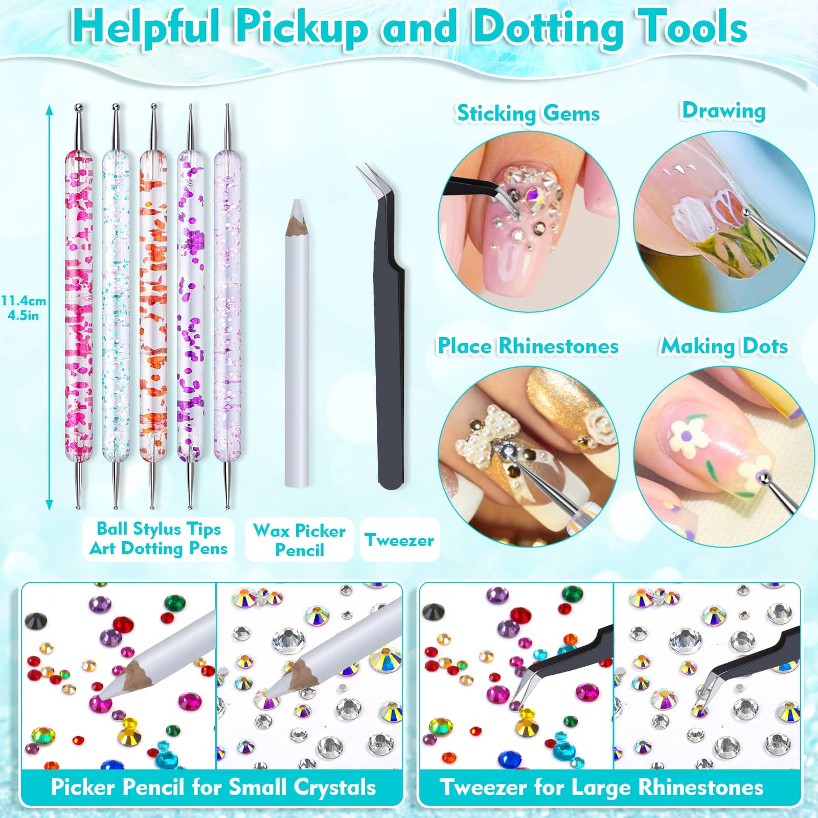 Billbotk tools and glue arrangement including dotting pens picker pencil tweezer and waterproof adhesive