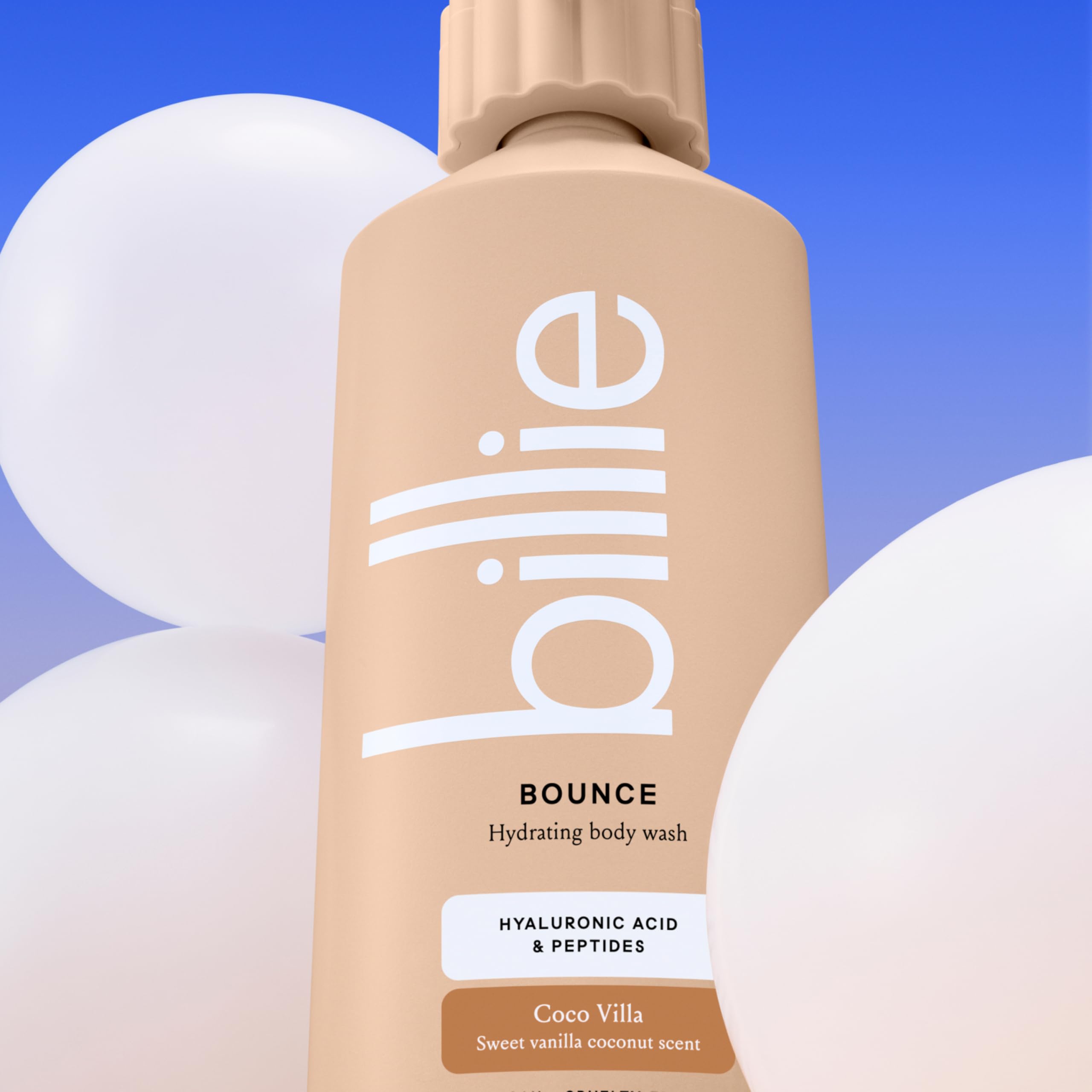 Billie pouring into loofah demonstrating easy lather and cleansing benefit