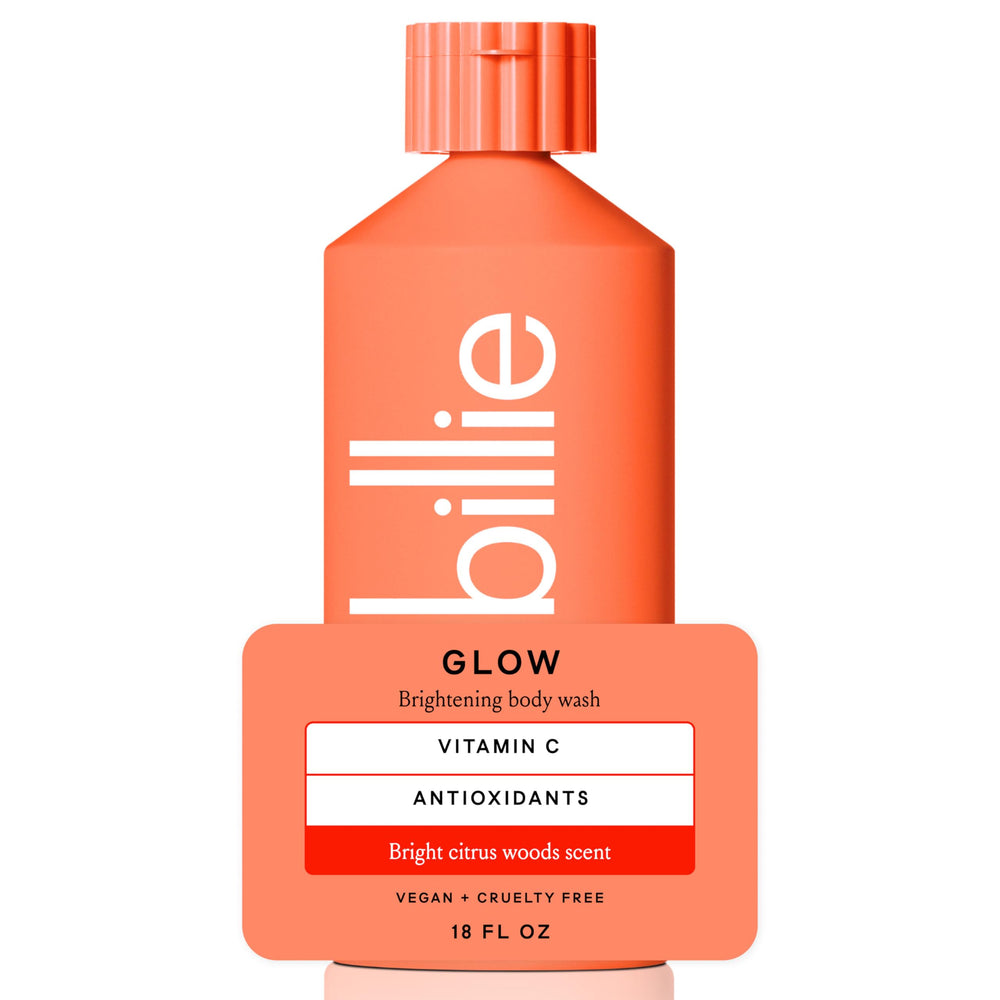 Billie front bottle showing bright citrus woods scent and clear label benefits