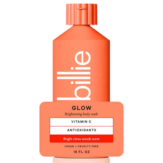 Billie front bottle showing bright citrus woods scent and clear label benefits