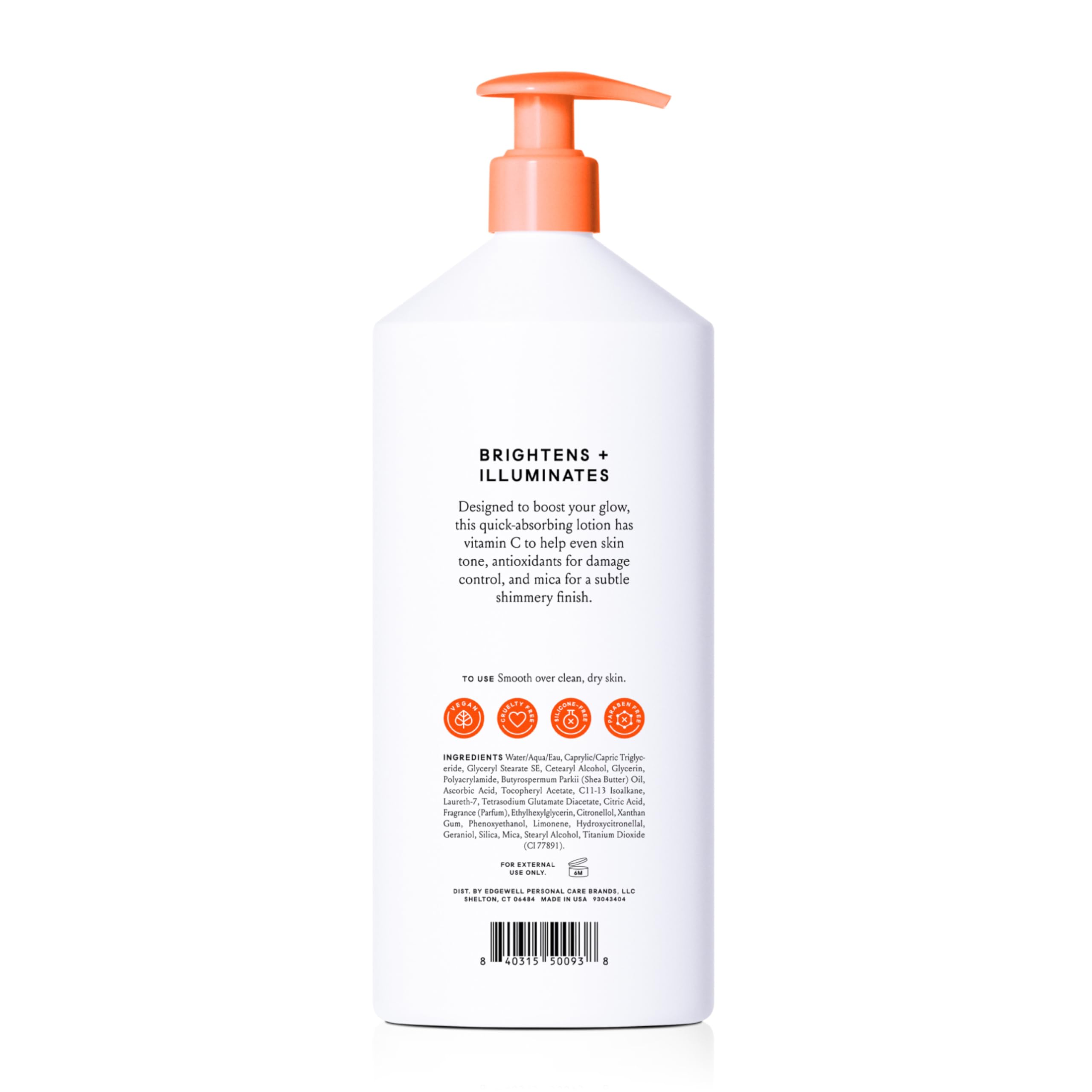 Vitamin C visual beside bottle highlighting key brightening ingredient benefit revitalizes skin