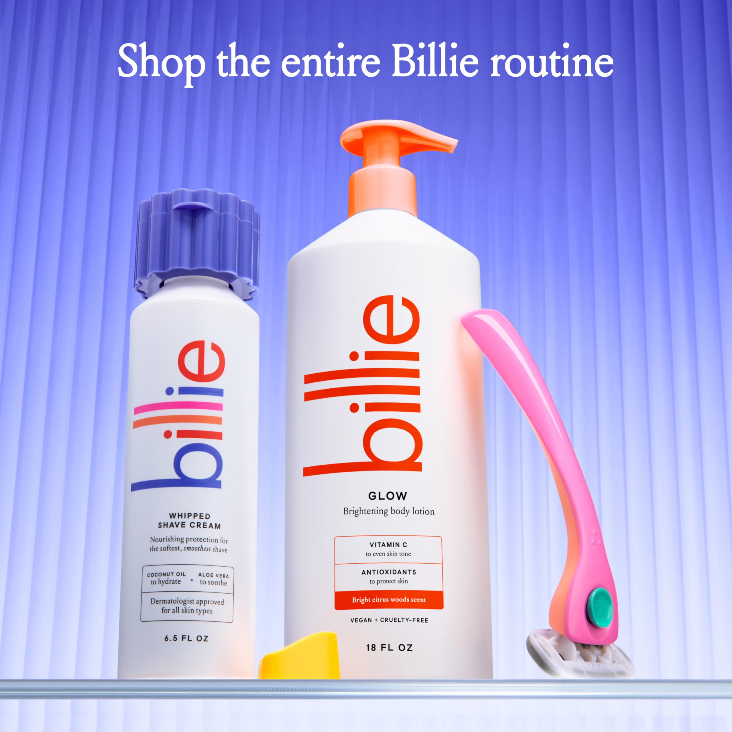 Billie 18 fl oz next to everyday objects showing true scale and generous quantity benefit