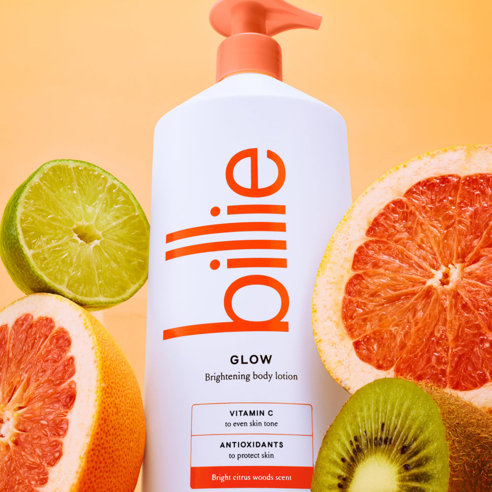 Close-up texture of Billie lotion showing lightweight creamy formula benefit fast absorption