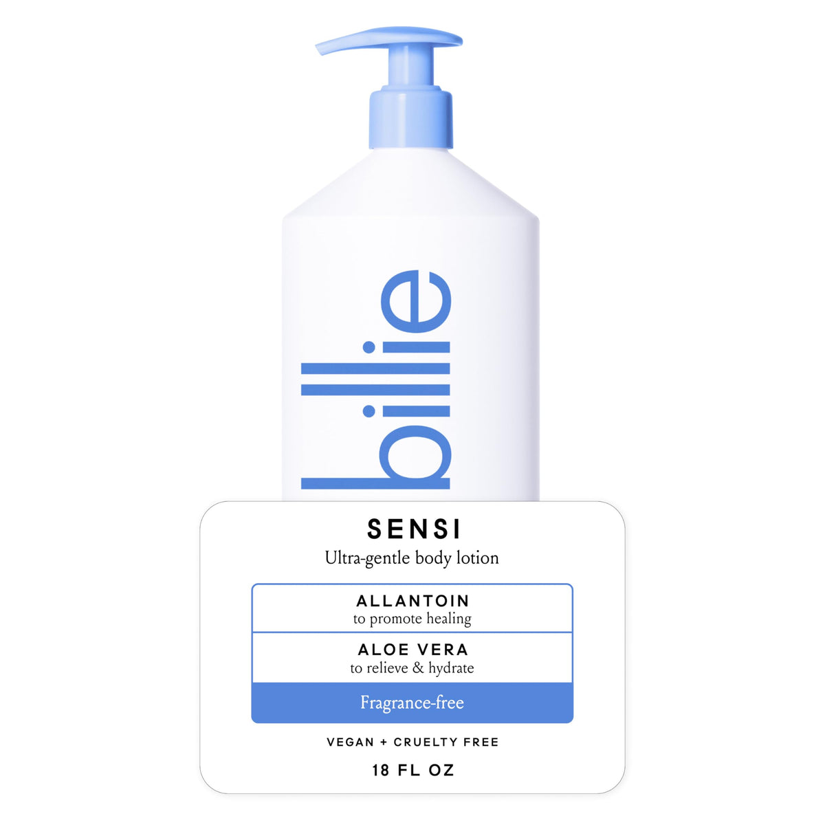 Billie front packaging showing bottle and clear label for easy identification and gentle formula