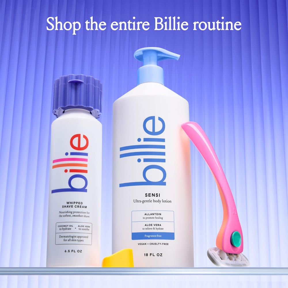 Billie 18 fl oz bottle beside common items to show size and value