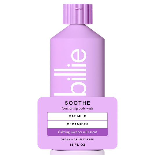 Billie front bottle showing label and lavender milk scent, clear product benefit
