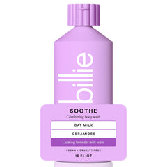 Billie front bottle showing label and lavender milk scent, clear product benefit