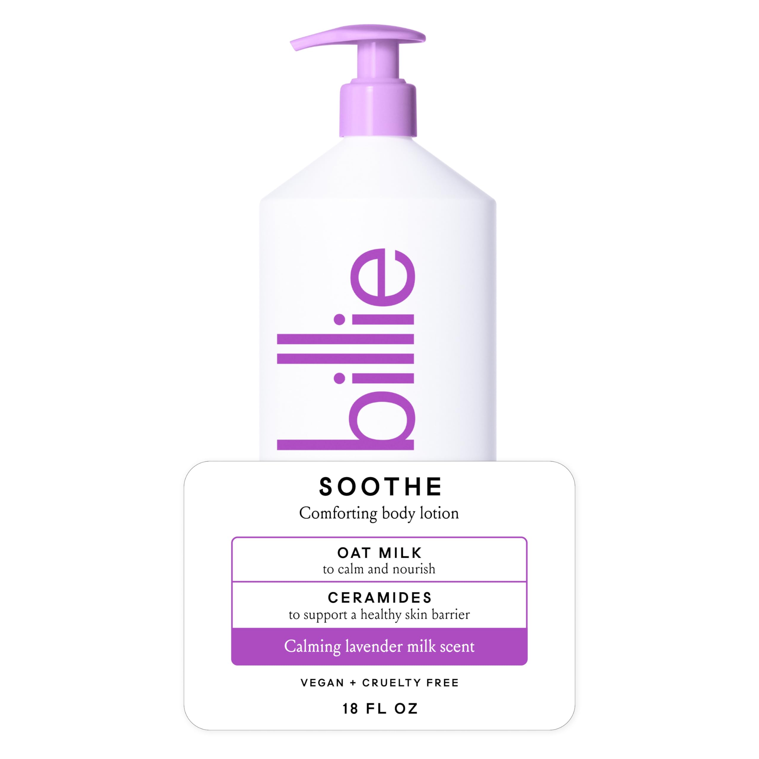 Billie bottle front label showing product name and size for clear identification
