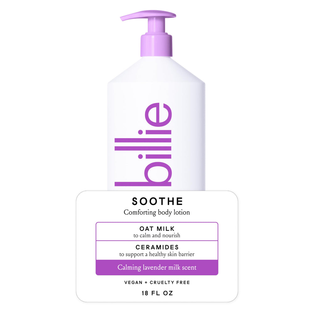 Billie bottle front label showing product name and size for clear identification