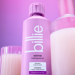 Billie in shower use on loofah showing soothing cleansing action