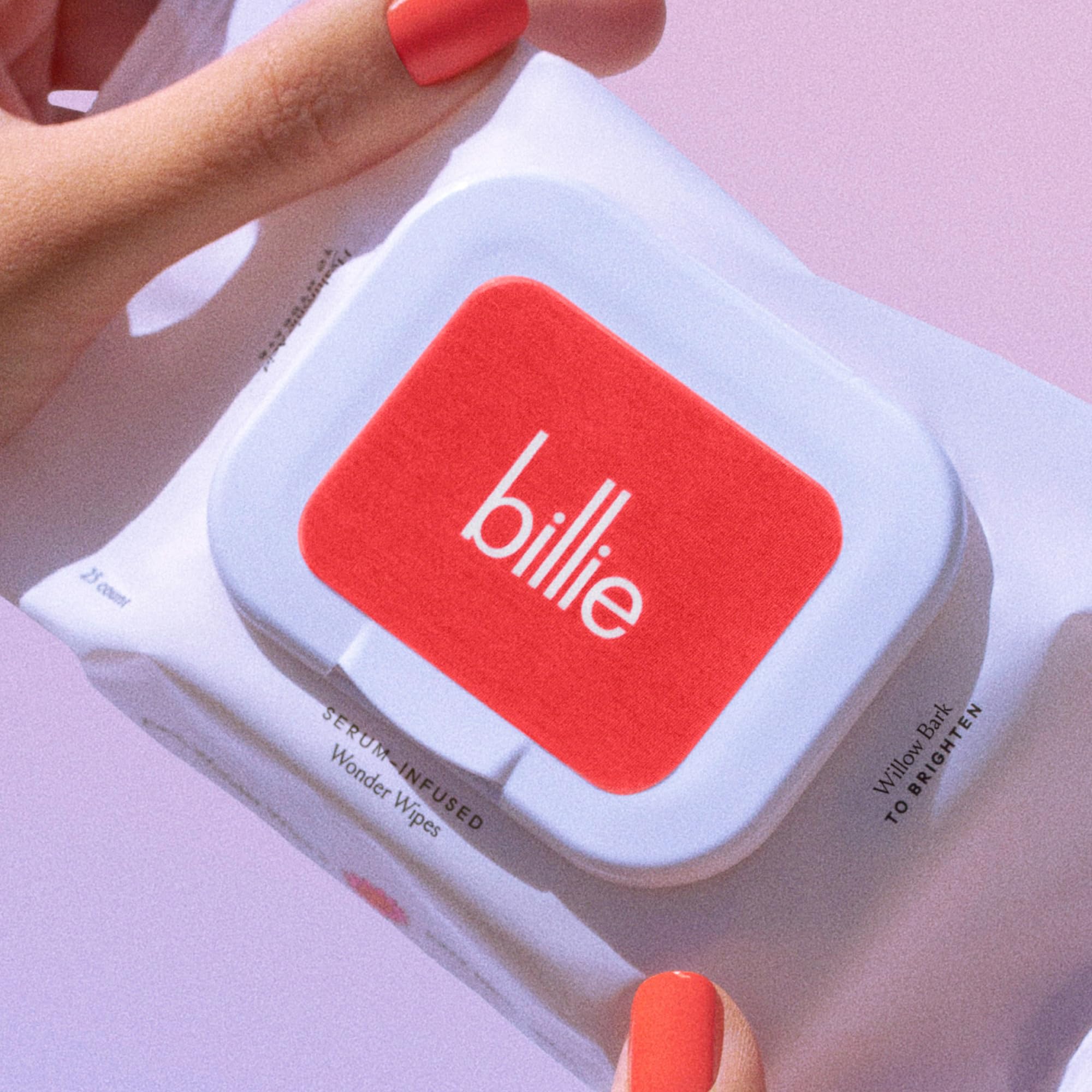 Billie wipes on bathroom shelf showing travel-ready convenience
