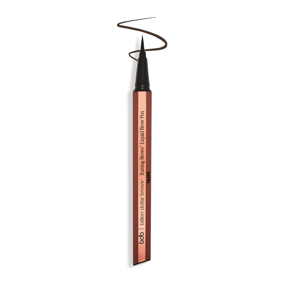 billion dollar brows pen front packaging showing taupe shade and compact design, convenient