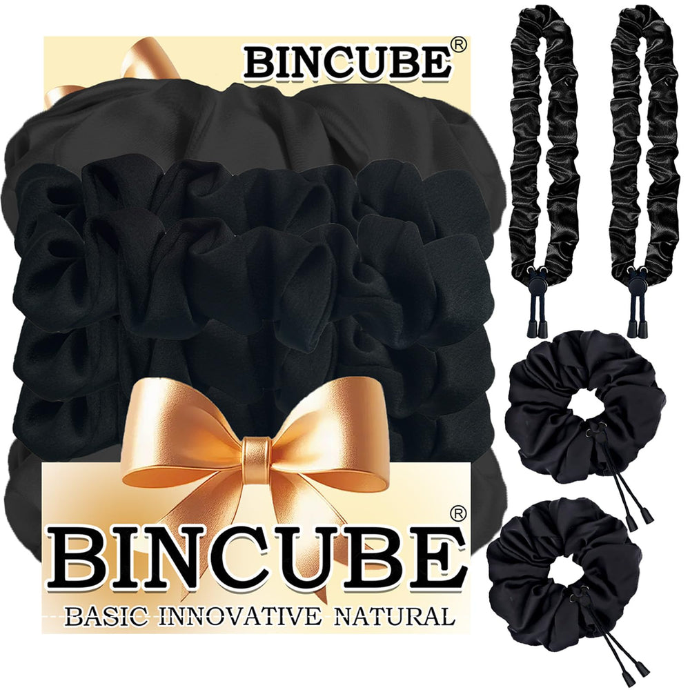 BINCUBE front view of four scrunchies showing color variety and packaging benefit