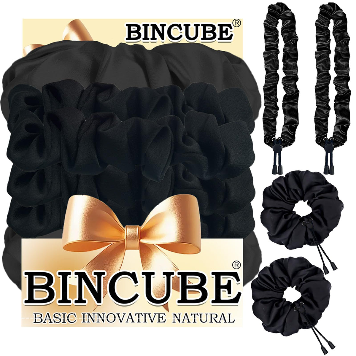 BINCUBE front view of four scrunchies showing color variety and packaging benefit