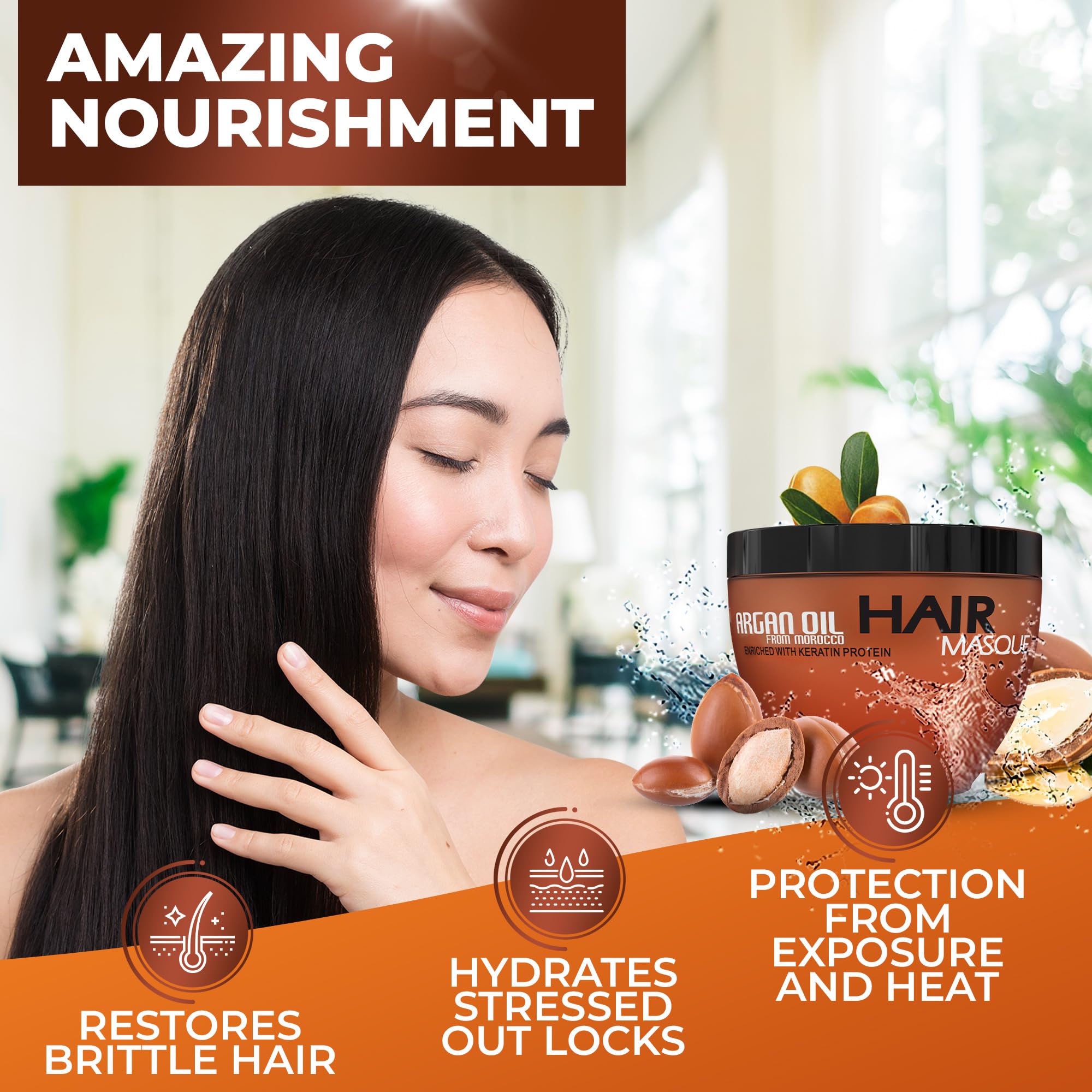 BINGO HAIR CARE argan nuts and keratin ingredient visual emphasizing natural repair