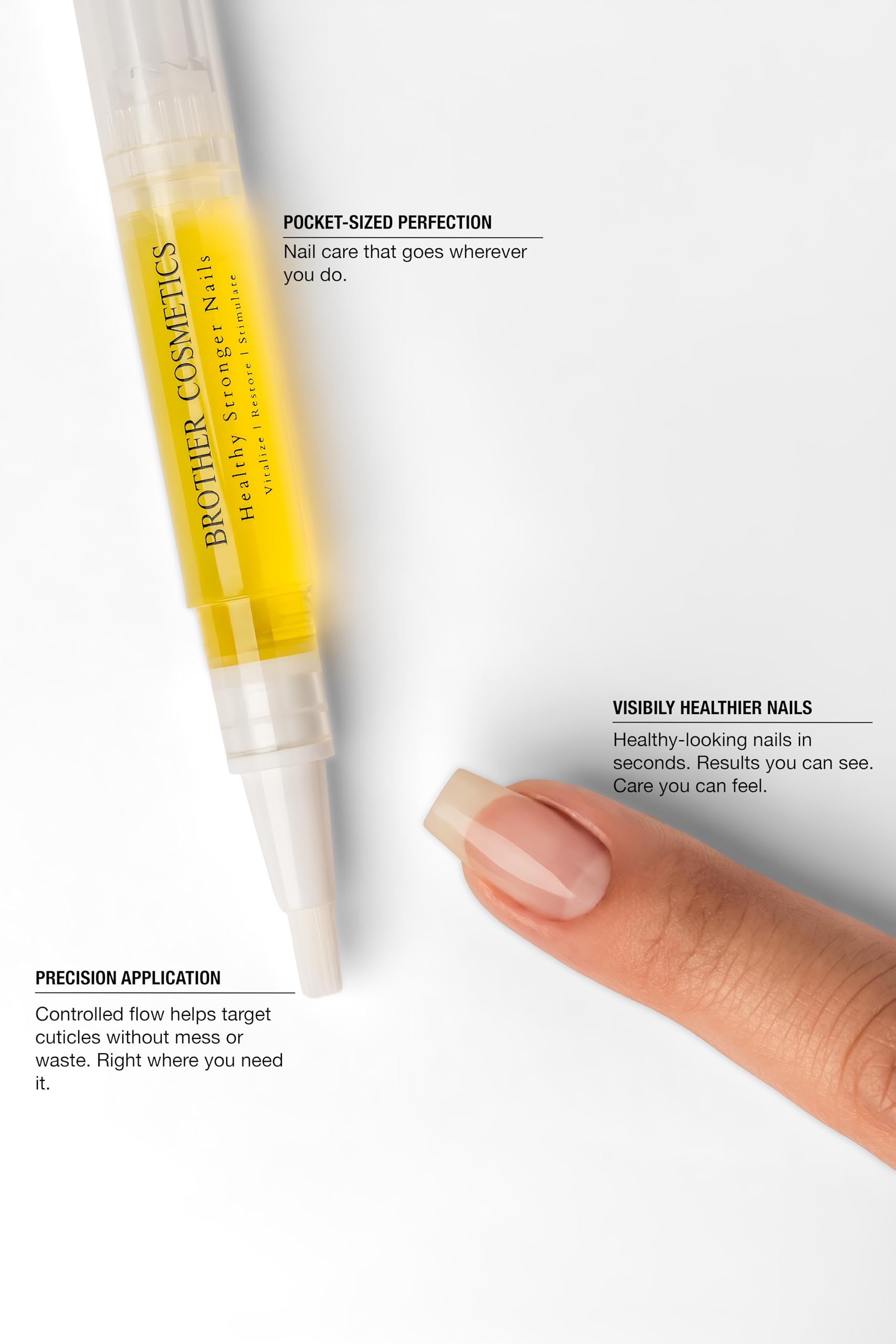 Bint Nails Brother Cosmetics pen beside hand for compact travel-friendly benefit