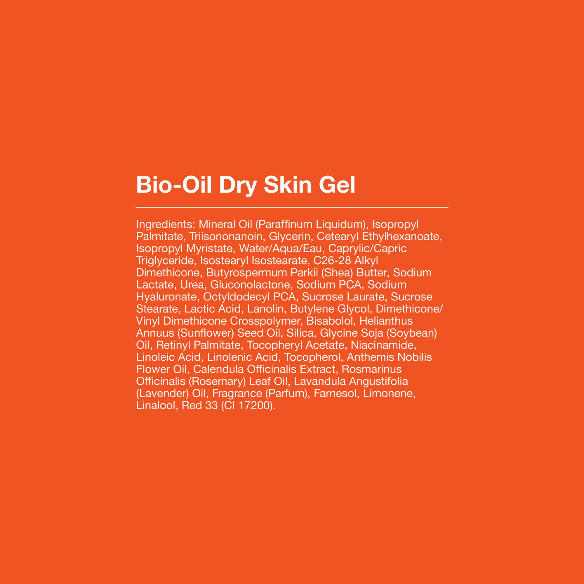 Close-up of Bio-Oil ingredients label emphasizing vitamins and emollients