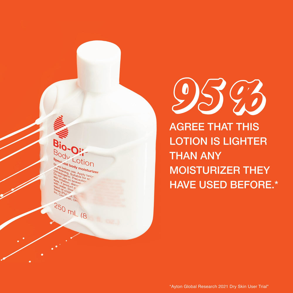Bio-Oil lotion pouring to show ultra-light texture and easy spreadability