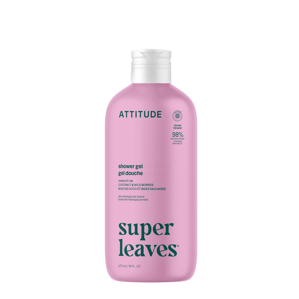 BIO SPECTRA ATTITUDE front bottle showing coconut and wild berries scent benefit: gentle cleansing