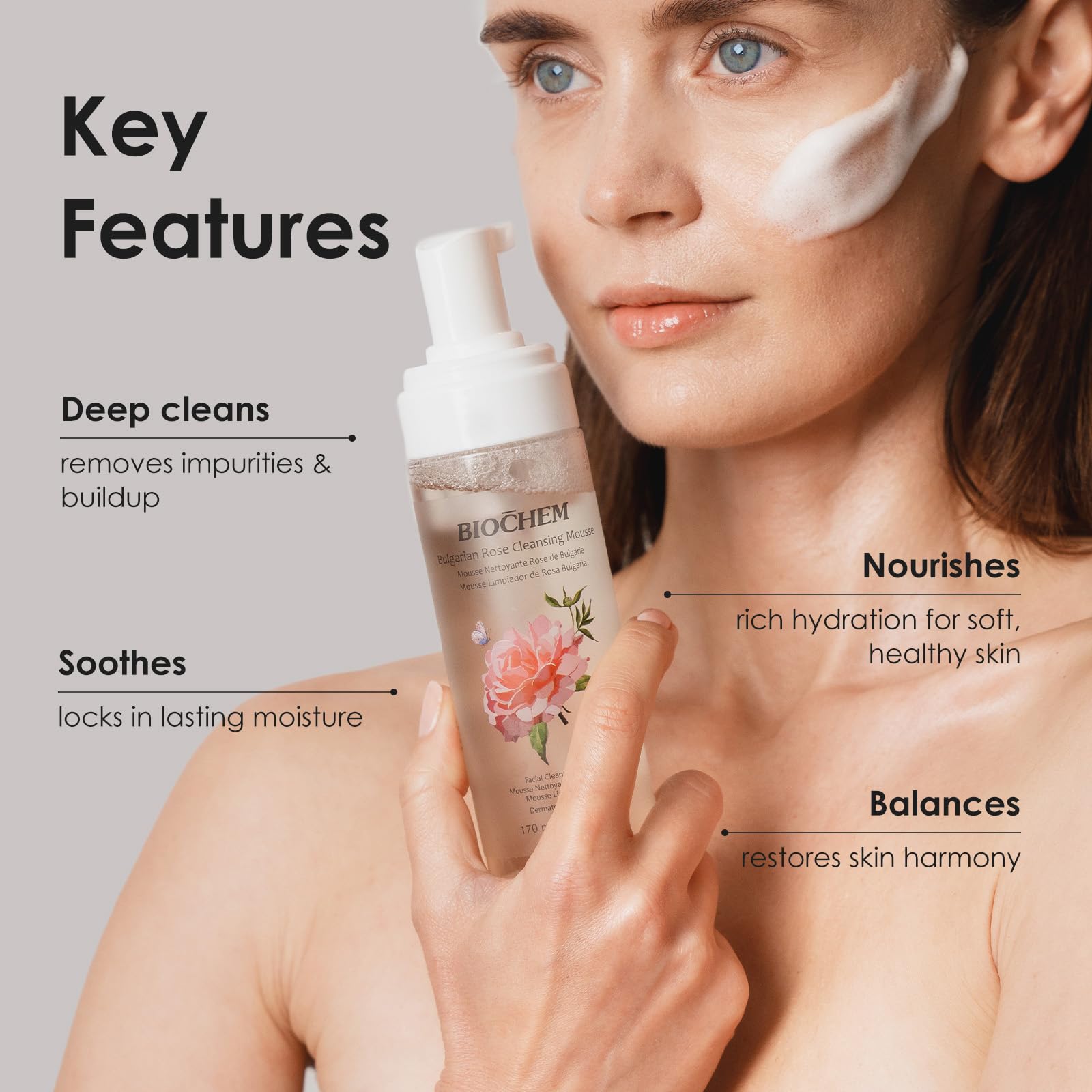 BIOCHEM mousse texture on hand demonstrating lightweight hydration