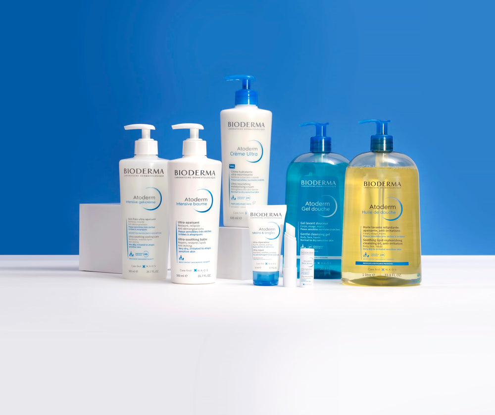 Bioderma Atoderm in family bathroom setting showing gentle care for all