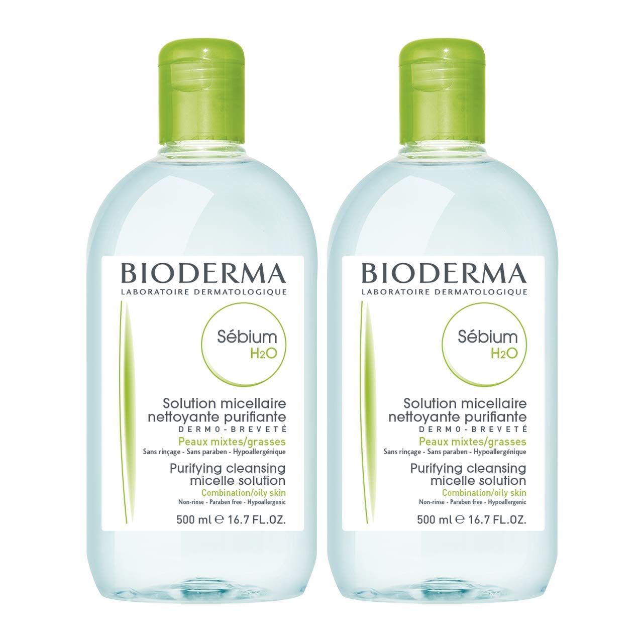 Bioderma front packaging showing duo pack and clear micellar water benefit