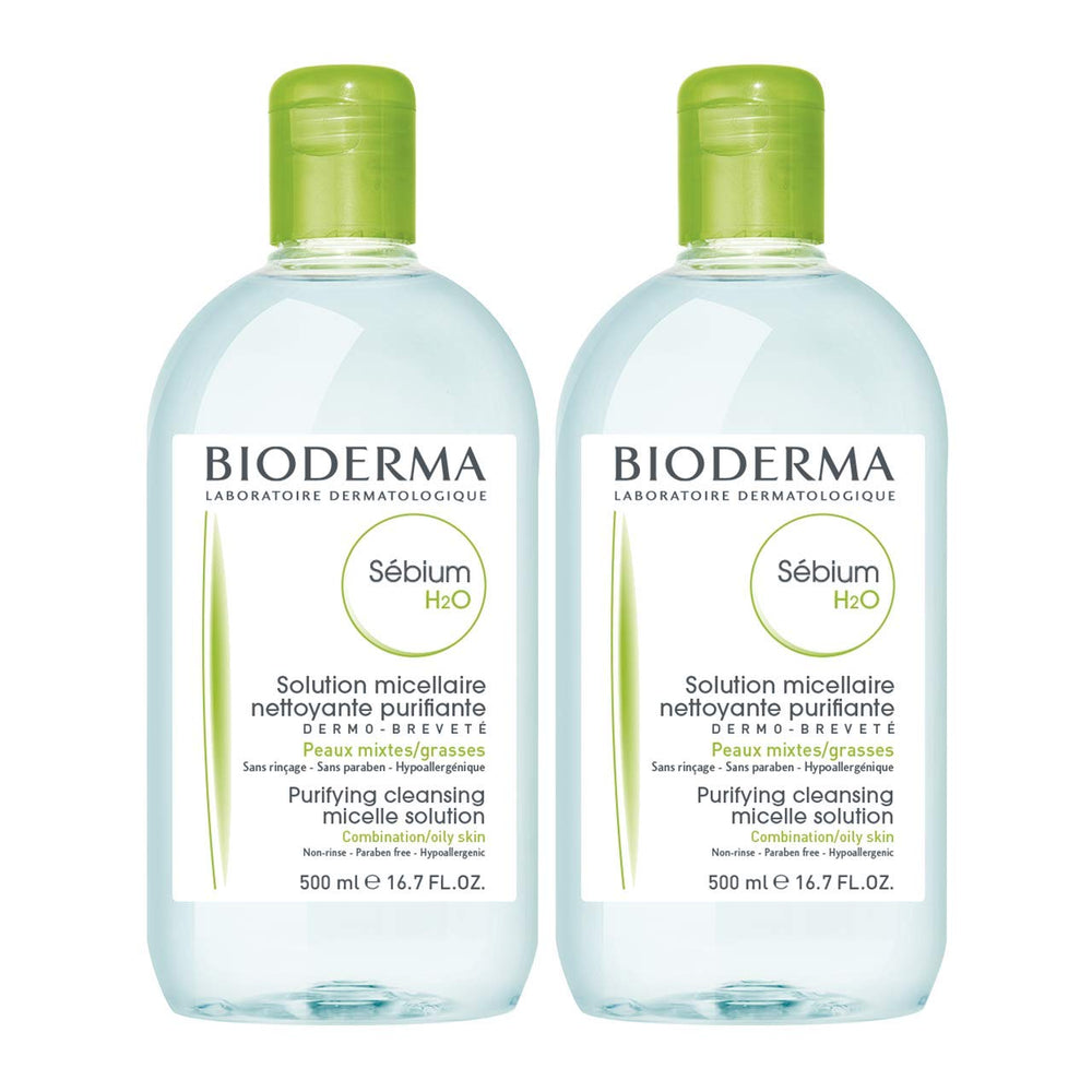 Bioderma front packaging showing duo pack and clear micellar water benefit