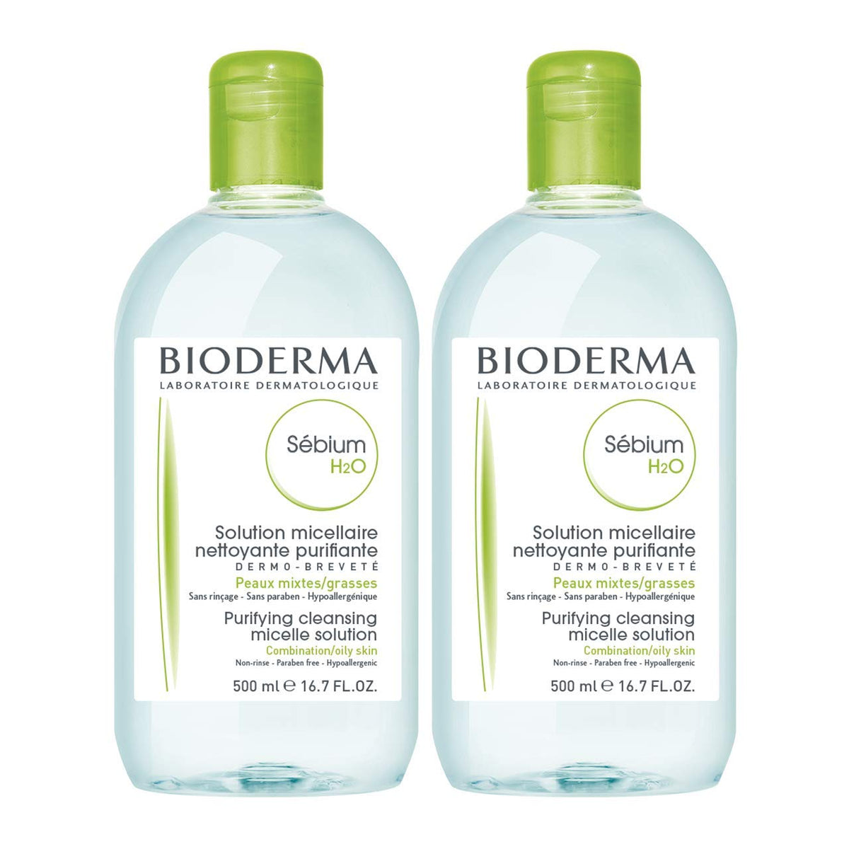 Bioderma front packaging showing duo pack and clear micellar water benefit