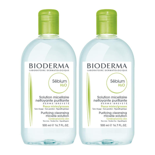 Bioderma front packaging showing duo pack and clear micellar water benefit