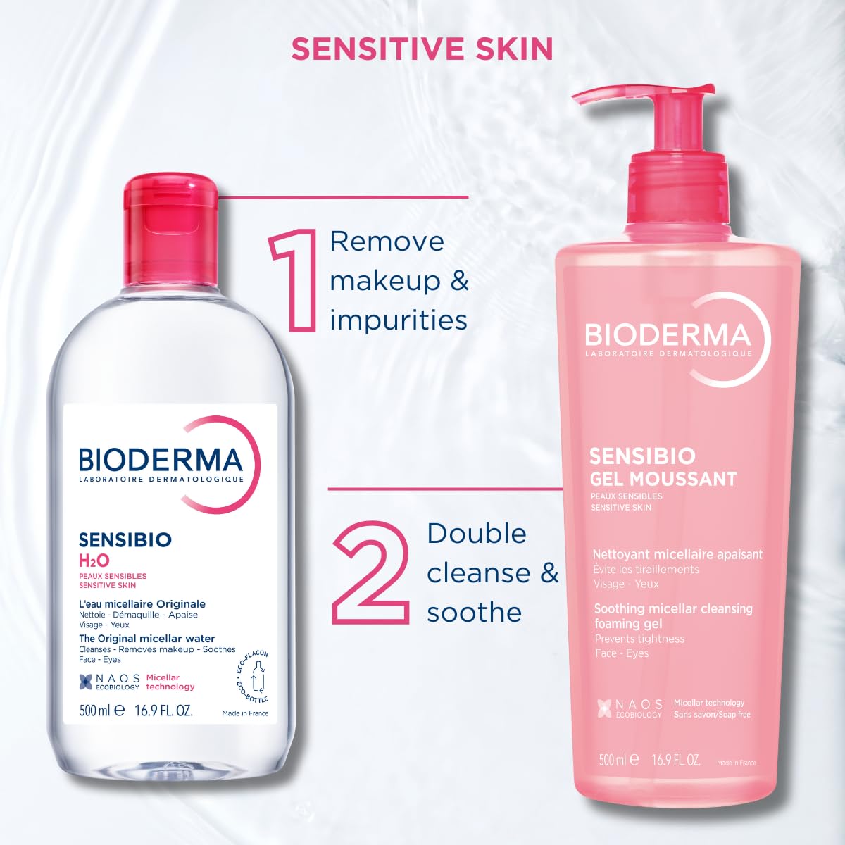 Bioderma bottle beside a hand for size comparison and travel convenience