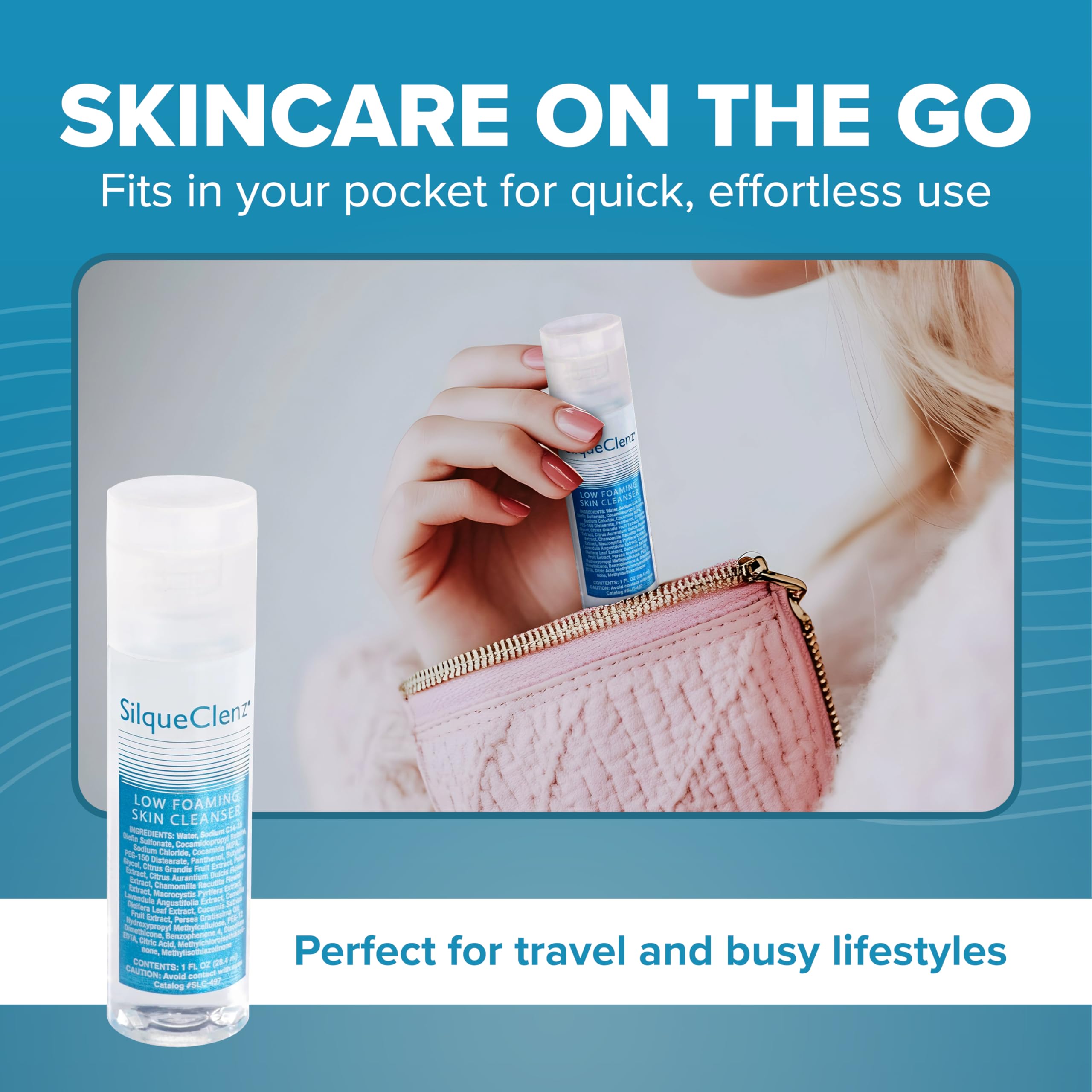 BIODERMIS SilqueClenz bottle in hand demonstrating 1 fl oz travel size benefit