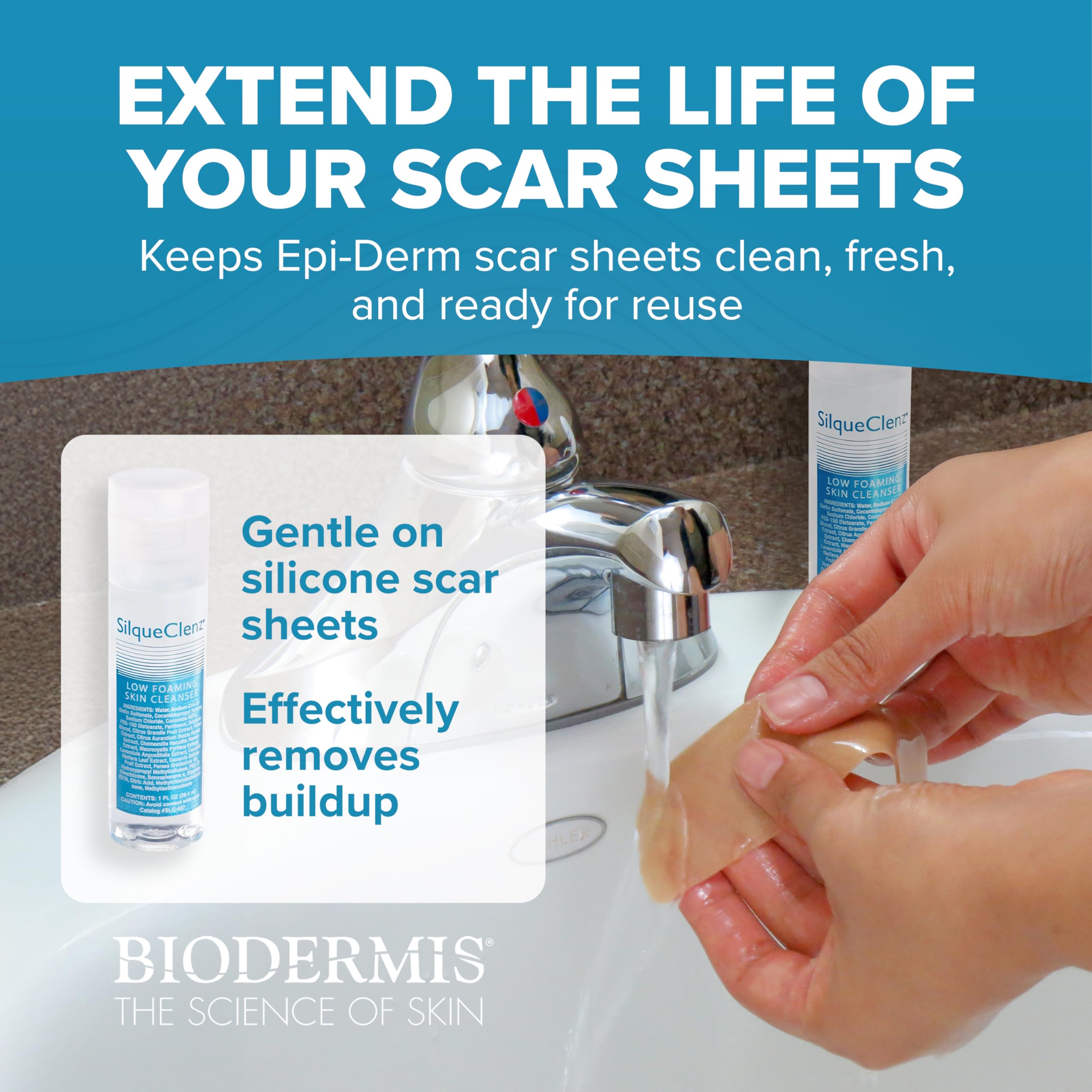 BIODERMIS SilqueClenz ingredient label highlighting flax seed extract and vitamin B5 benefits
