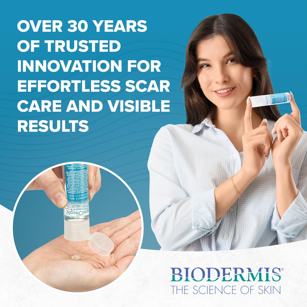 BIODERMIS SilqueClenz on bathroom shelf near skincare items showing daily routine compatibility