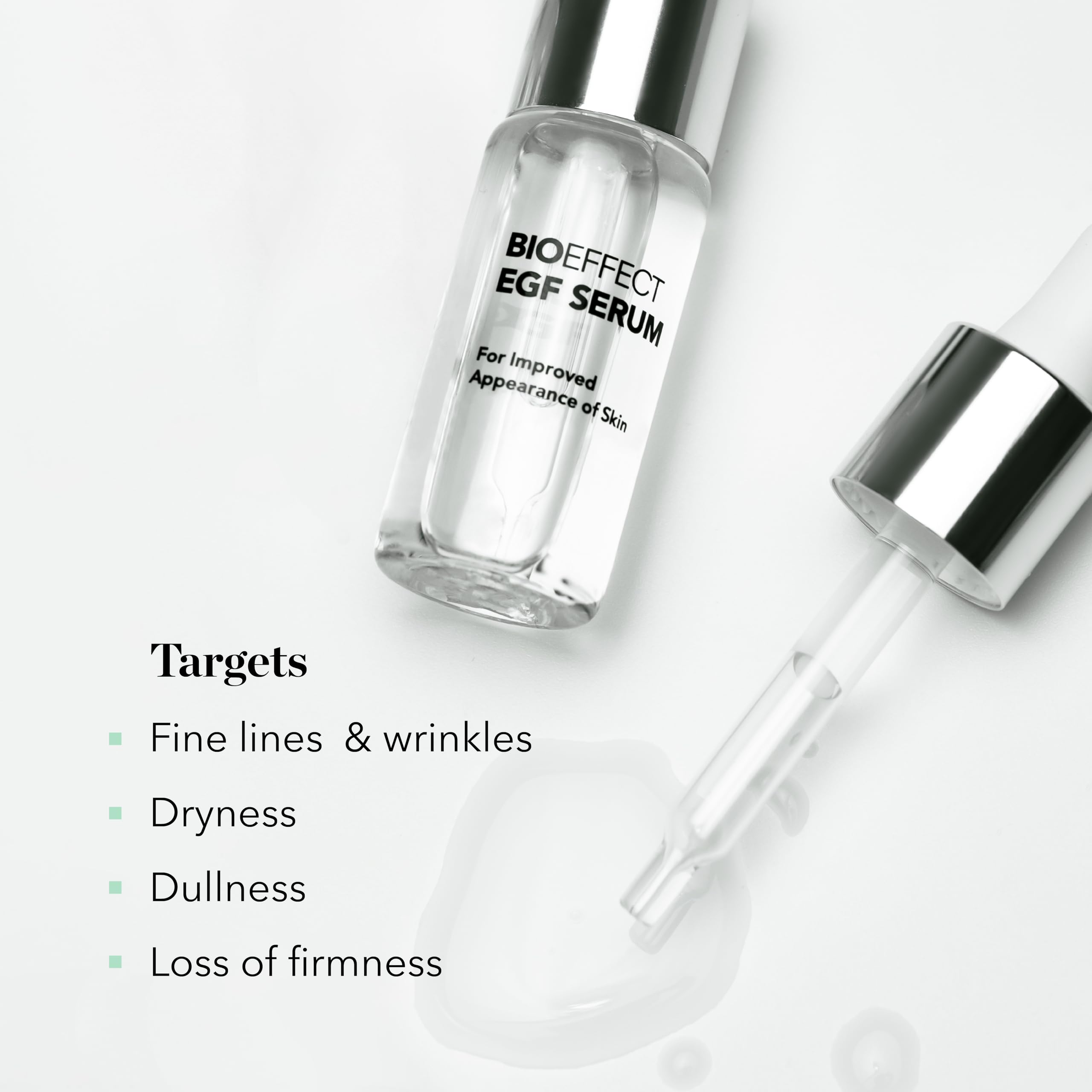 Bioeffect EGF Serum 20 ml next to hand illustrating compact, portable 0.68 oz size