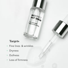 Bioeffect EGF Serum 20 ml next to hand illustrating compact, portable 0.68 oz size