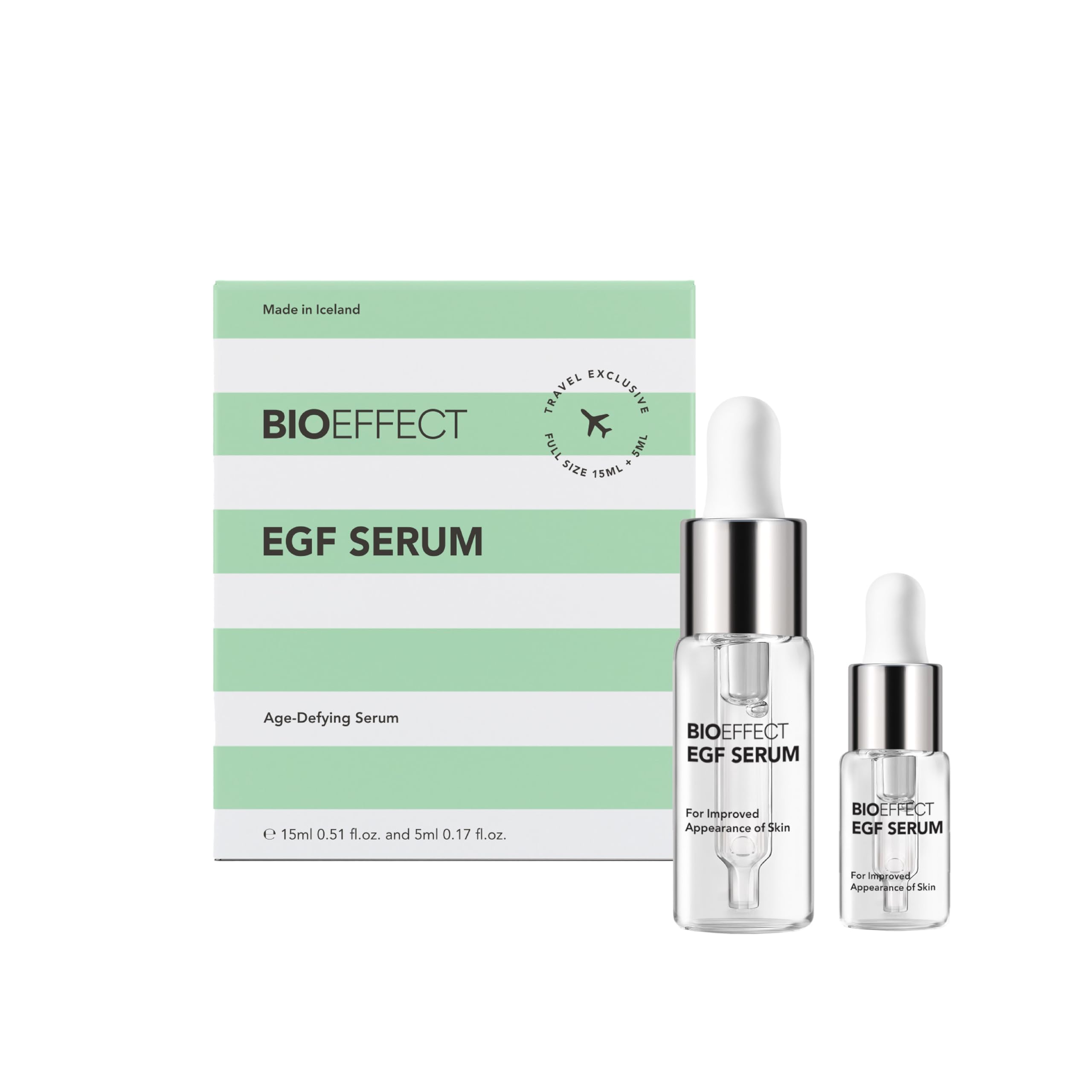 Bioeffect EGF Serum front bottle showing elegant packaging and travel-ready size