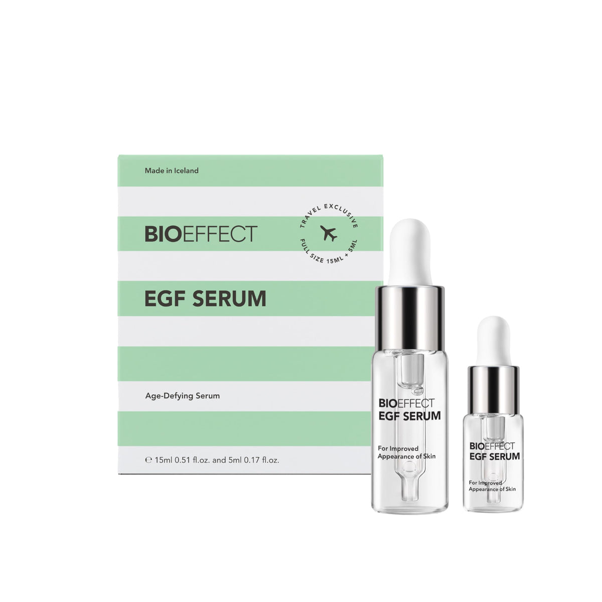 Bioeffect EGF Serum front bottle showing elegant packaging and travel-ready size