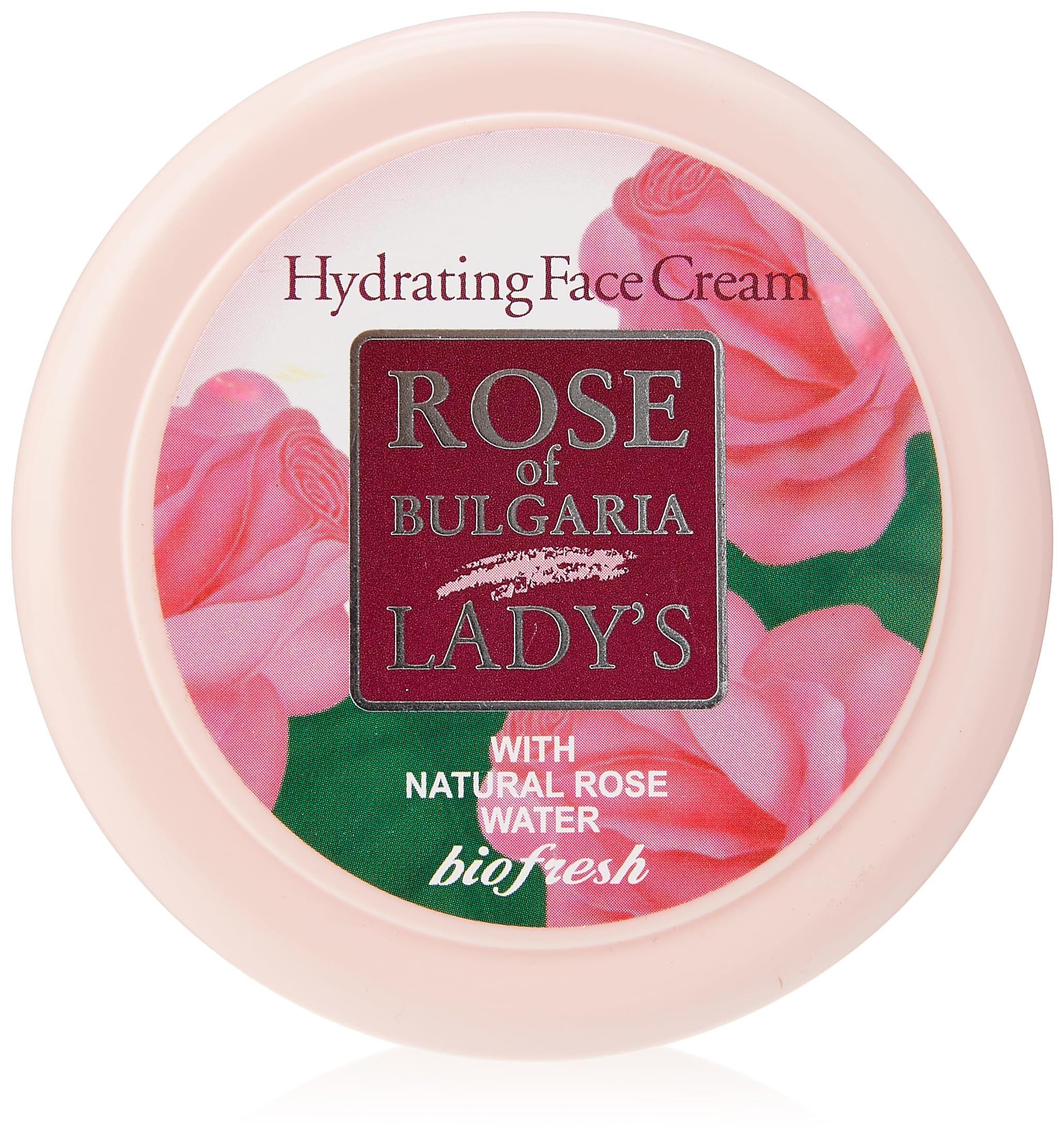 Biofresh front jar packaging showing label and rose motif, promotes natural hydration