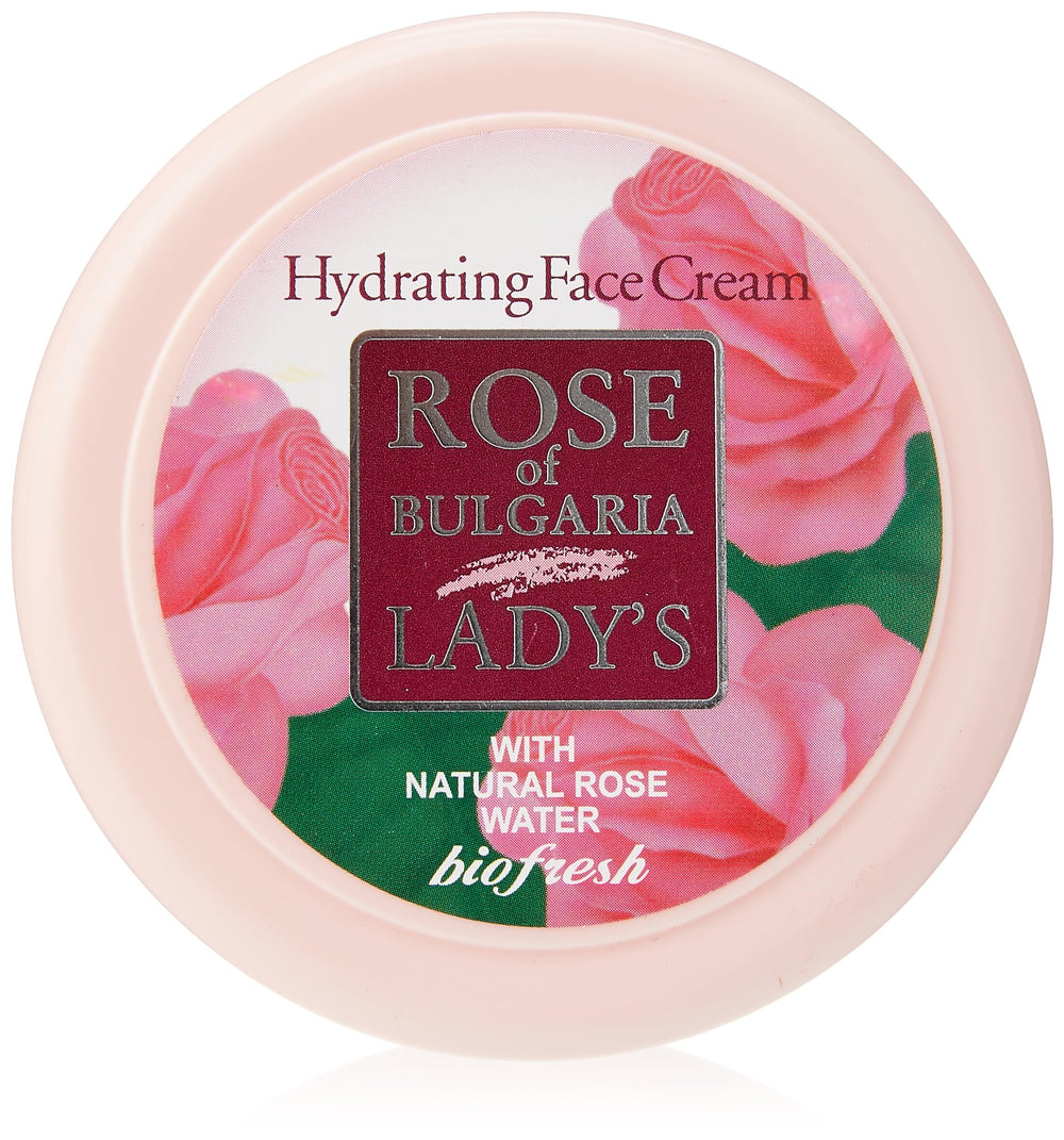 Biofresh front jar packaging showing label and rose motif, promotes natural hydration