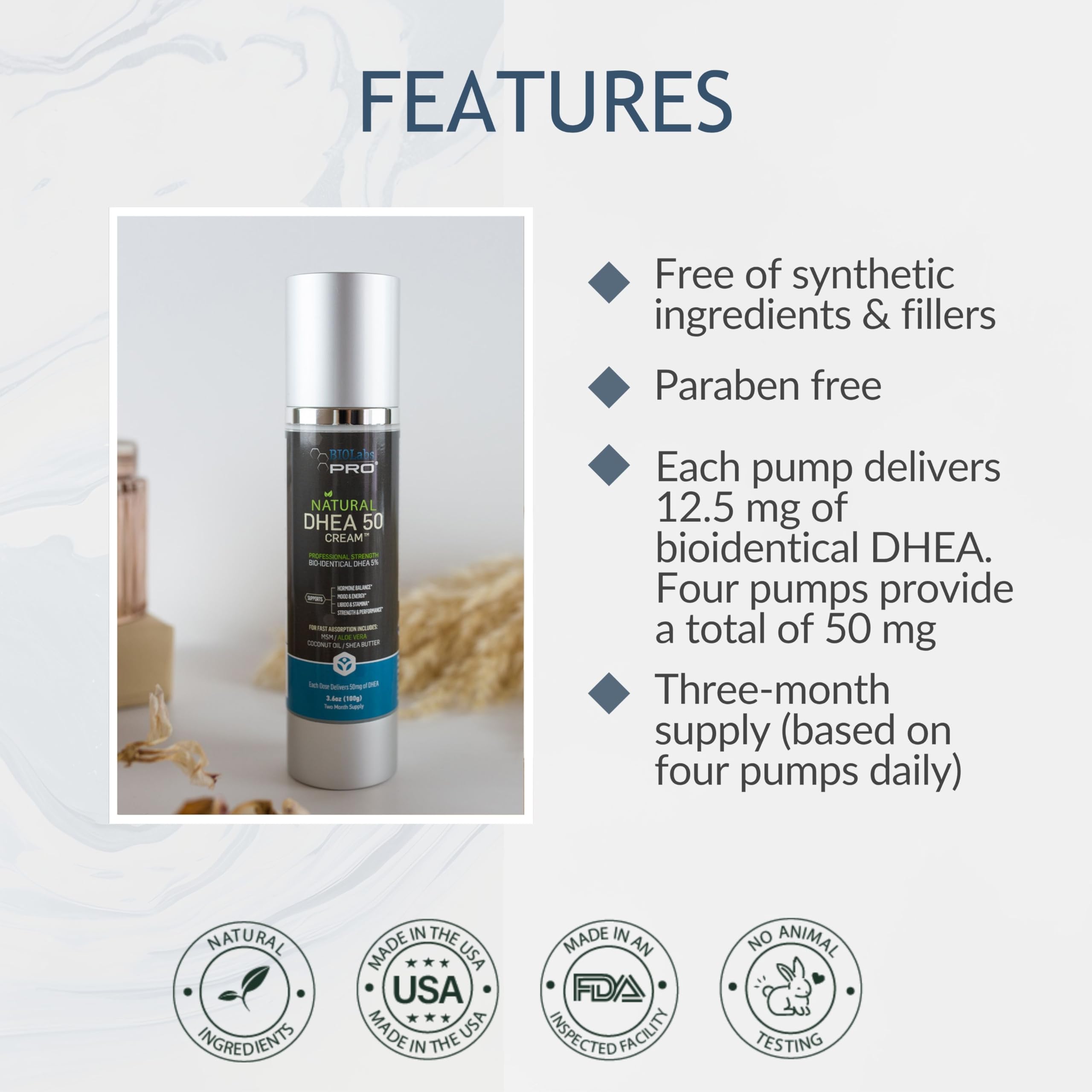 BIOLABS PRO ingredients display highlighting natural moisturizers and soothing agents