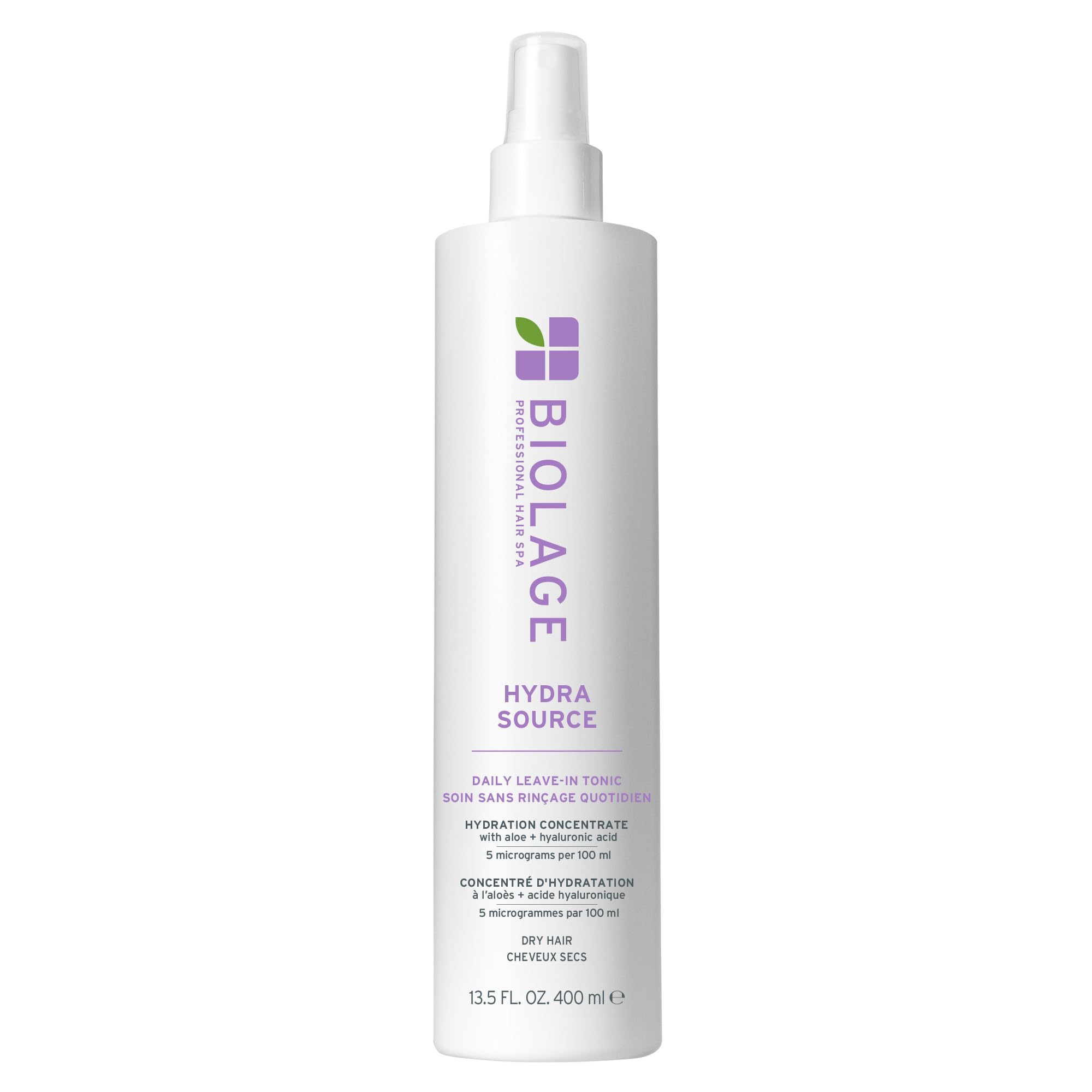 Biolage front packaging shot showing bottle and brand, highlights hydration benefits