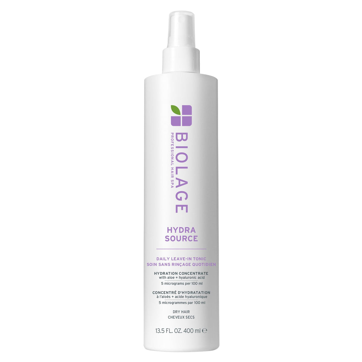 Biolage front packaging shot showing bottle and brand, highlights hydration benefits